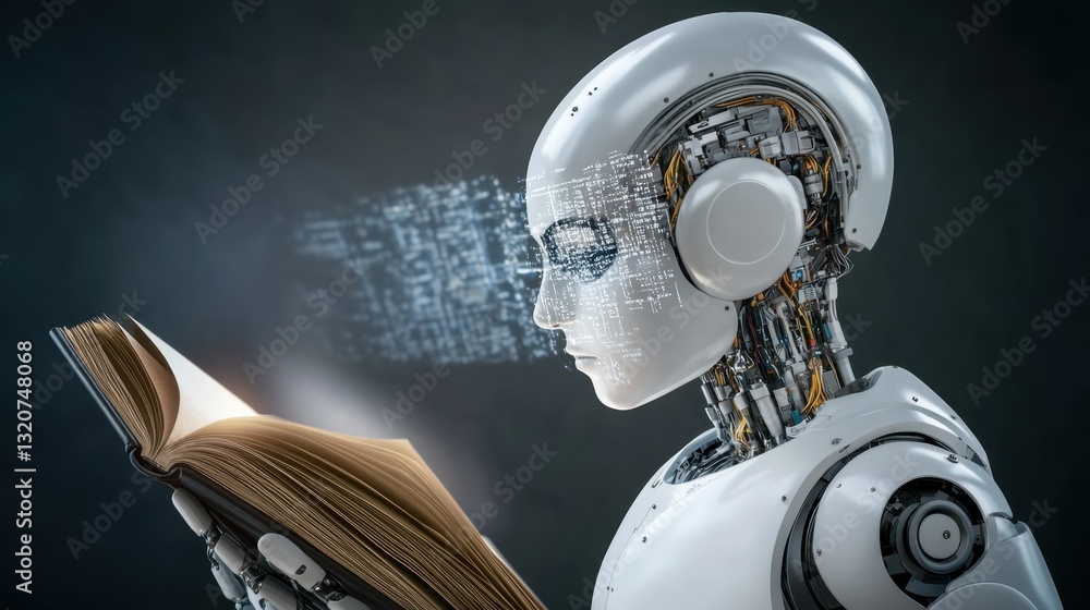 Poster a robotic ai-powered assistant assisting in digital research with holographic data projection