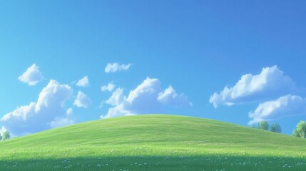 Lush green hill under a bright blue sky dotted with fluffy white clouds