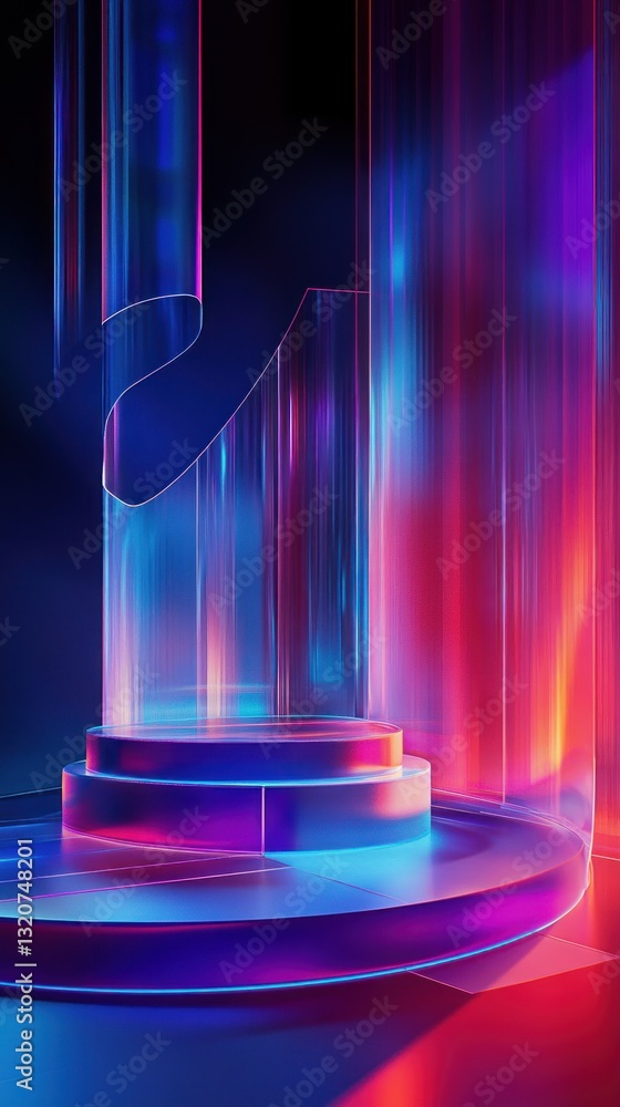 Poster futuristic platform in neon abstract illumination digital render colorful vibrant backdrop elegant s