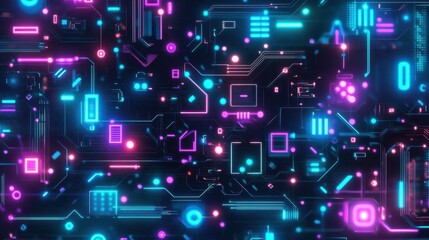 Fototapeta premium A sci-fi-inspired digital circuit background with bright cyan and purple lighting effects