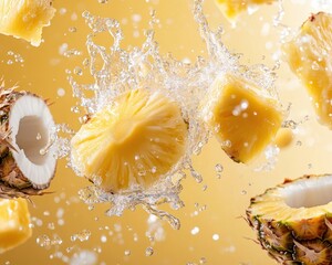 Highspeed tropical photography Pineapple chunks tossed in coconut water
