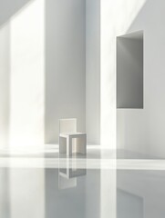 Minimalist Still Life Square Chair in White Interior Room with Shadow Play and Reflections
