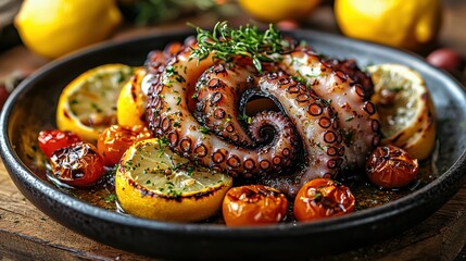 Grilled octopus with roasted vegetables and lemon served on a rustic wooden table in a cozy dining setting