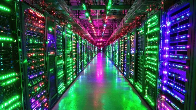 A secure server room with advanced cybersecurity protection and encrypted network monitoring