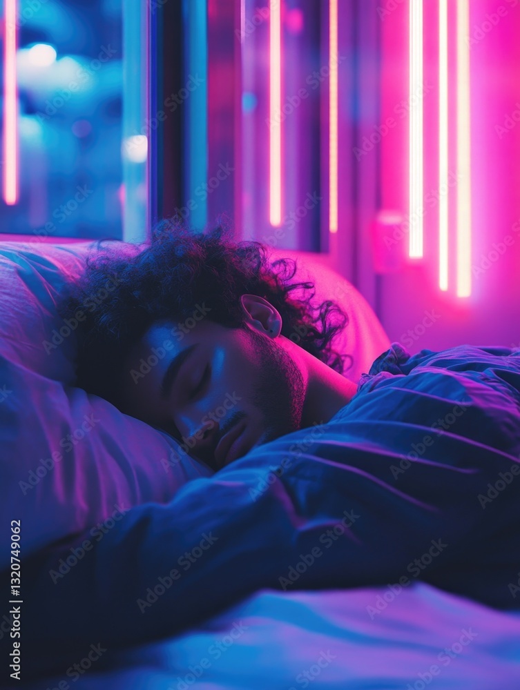 Poster a person lying in a bed with a soft purple glow surrounding them