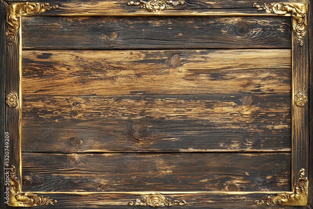 Poster wooden plank background with golden frame rustic style and texture