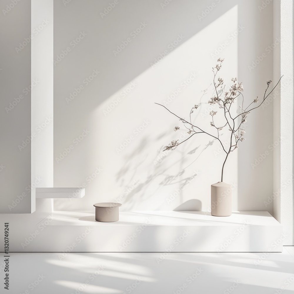 Poster elegant minimalist still life with branches in vase and podium display stand abstract composition