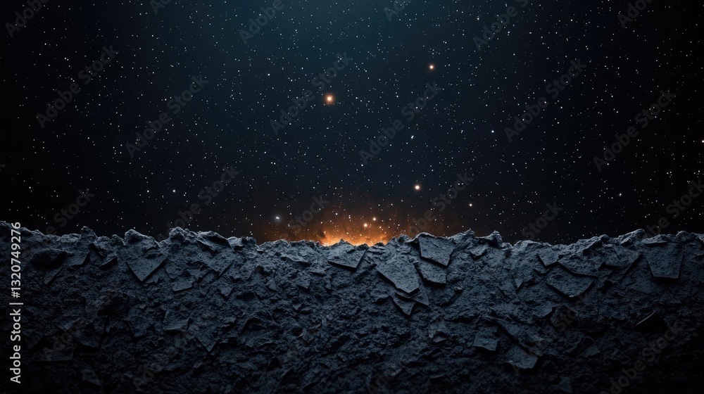 Poster dark sky concept. an abstract view of rocks and a starry sky highlighted by distant light.