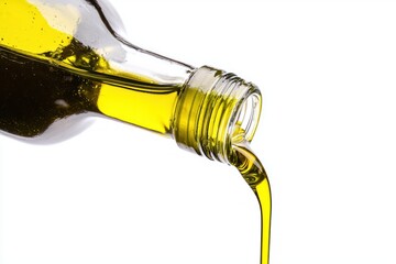 Fototapeta premium Golden olive oil pouring from clear glass bottle capturing its flow texture and organic nature against white blackground