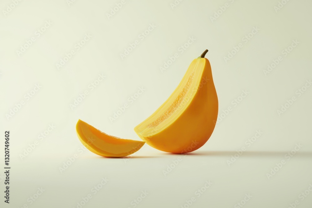 Poster minimalist presentation of a papaya with its slice on a white background capturing freshness and sim