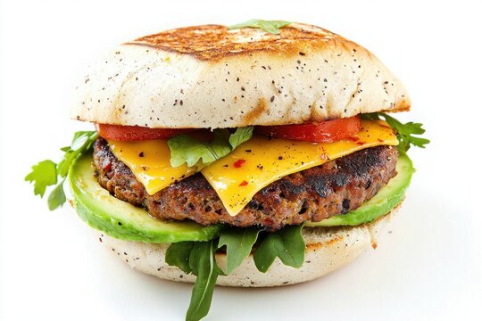Delicious gourmet veggie burger with avocado cheese tomato and fresh herbs on a white background
