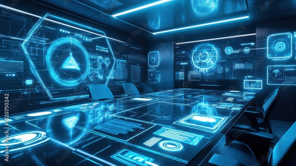 Poster a vr-enhanced futuristic workspace with holographic meeting interfaces and d elements
