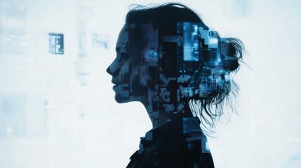 Woman's profile, digitally overlaid with data streams, suggesting AI or digital transformation
