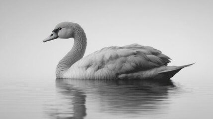 Fototapeta premium Elegant swan gracefully gliding on calm water, reflected in monochrome