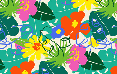 tropics leaves and flowers seamless pattern , with bright  colours doodle  hand drawn botanic illustration, decoration, cover, packaging, wallpaper, background, fabric, textile, clothing, 