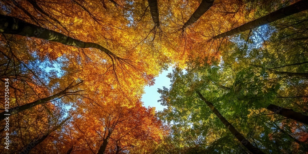 Poster autumn leaves in canopy, looking up at circular frame created by colorful autumn trees and leaves