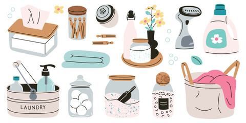 Vector illustration of aesthetic laundry collection with stylish detergent bottles, fabric care containers, wooden clothespins, steamer, and fresh linen. Modern home organization. Flat cartoon doodles