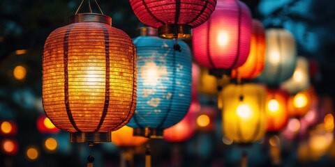 Obraz premium Colorful lanterns illuminate a vibrant street during an evening festival celebration in a bustling city