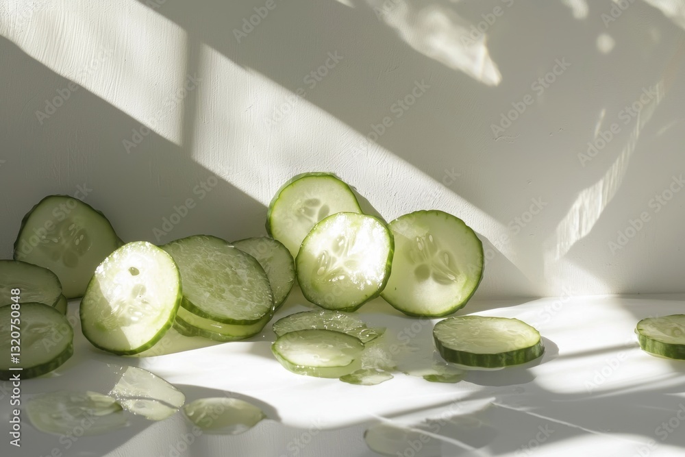 Poster refreshing cucumber slices in soft sunlight on a pristine white background for summer freshness
