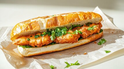 Delicious crispy chicken fillet sandwich with fresh parsley on paper culinary delight stock photo
