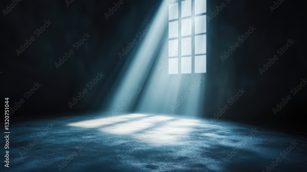 Poster light beams streaming through a dark room with a window creating a serene atmosphere during the day