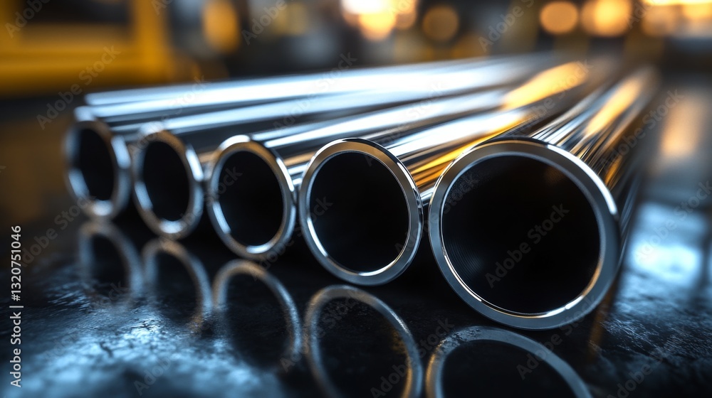 Poster polished steel pipes are aligned in a factory environment showcasing automation technology. the focu
