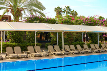Scenic view of hotel pool surrounded by palm trees and sun loungers creating a serene tropical...
