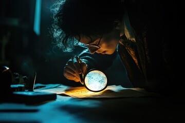 A woman studies a document closely with the help of a magnifying glass