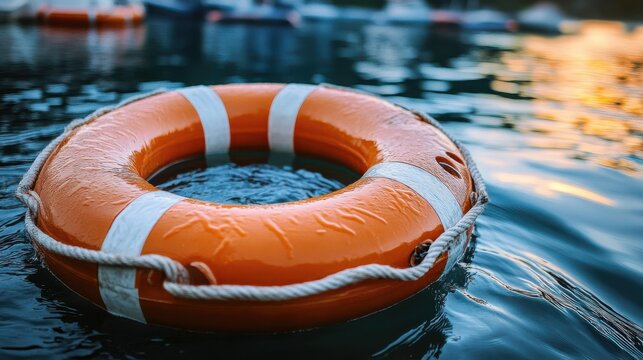 Lifebuoy floating in tranquil water during sunset at a lakeside
