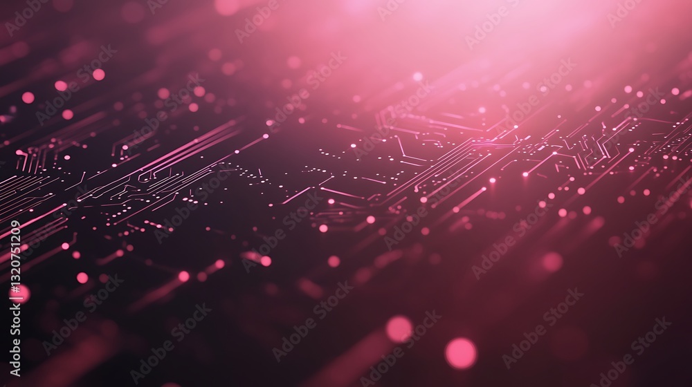 Poster abstract digital background with glowing particles and lines in shades of pink.