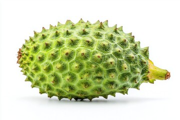 Exotic durian fruit close up showcasing unique spiked skin texture with vibrant green color on white surface