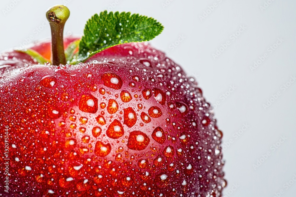 Poster fresh red apple with water droplets close up capturing vibrant color and texture on a soft backgroun