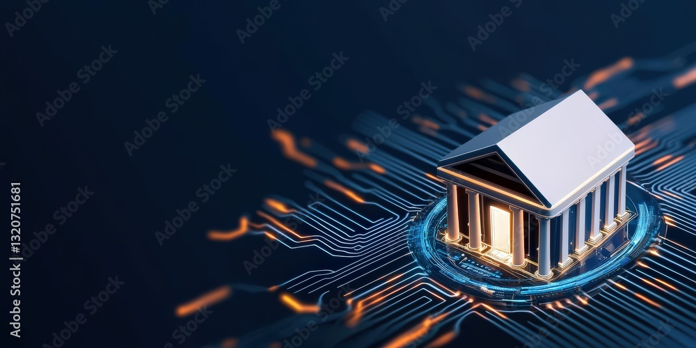 Poster financial inclusion microfinance concept. digital model of a house surrounded by glowing circuit pat