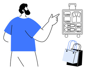 Man pointing at well-organized travel suitcase with clothing, and shoes, alongside shopping bags. Ideal for travel, shopping, packing tips, retail, lifestyle, organization and consumer behavior