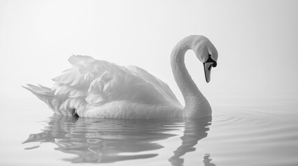 Serene white swan gracefully gliding on calm water, reflected beautifully