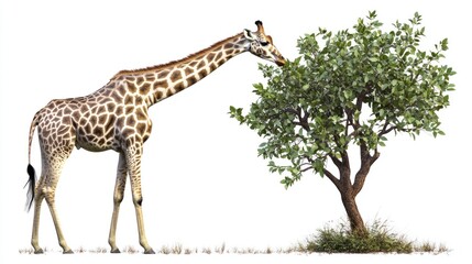 Obraz premium Giraffe gracefully reaching to eat leaves from a small acacia tree against a white background