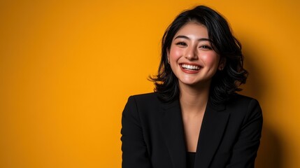 Joyful Woman Smiling Against Bright Yellow Background in Portrait