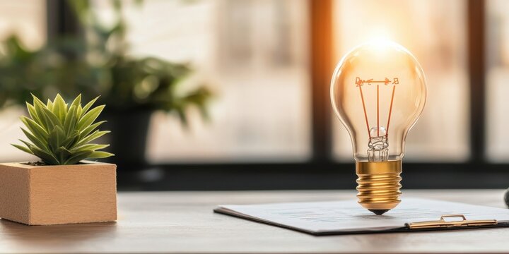 Financial Inclusion microfinance concept. Bright light bulb beside a small plant on a desk.