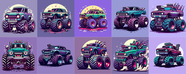 collection of monster truck on purple background © Izzul
