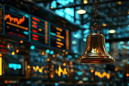Gold bell hanging in a bustling trading floor with stock market data displays