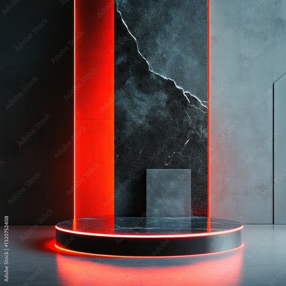 Poster modern podium illuminated in vibrant red for product display against a textured abstract wall backdr