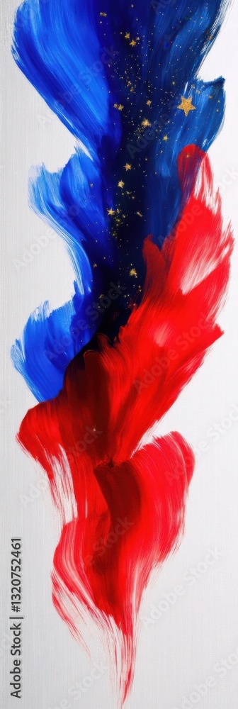 Poster dynamic swirls of red, white, and blue paint create an abstract representation of unity and freedom 