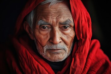 Elderly man in red robe gazing intently, showcasing deep expression and wisdom in a tranquil environment during the late afternoon light