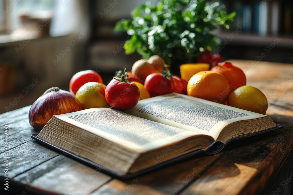 Poster an open book lying flat on a wooden table, waiting for reader