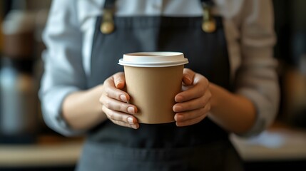 Close-up unrecognizable woman barista waitress in apron holding disposable paper cup with hot coffee or tea female small business owner cafe restaurant coffee house serving drink takeaway food concept