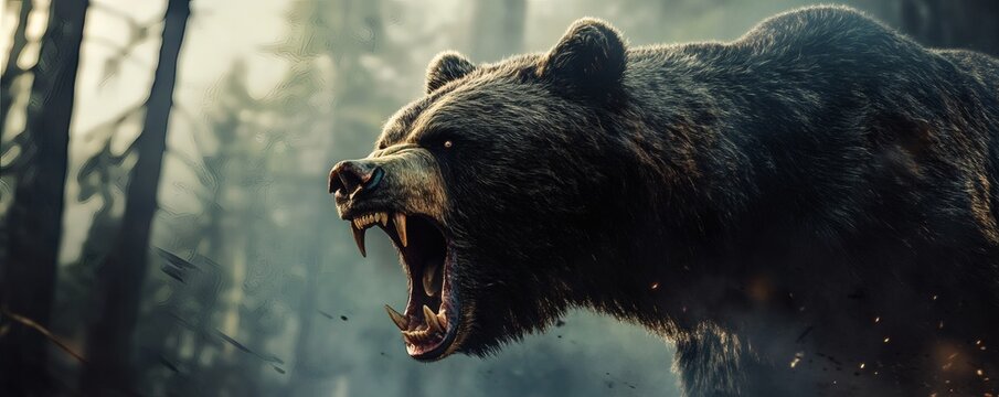 An angry large bear with open mouth and sharp teeth is visible
