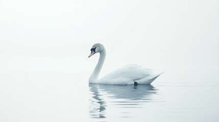 Obraz premium Serene swan gracefully gliding on calm, misty water, its reflection mirroring tranquility