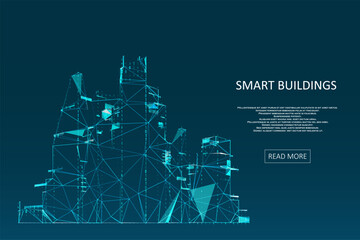 Smart building concept design for city illustration. Polygonal futuristic style. Intelligent building automation. Graphic concept for your design.
