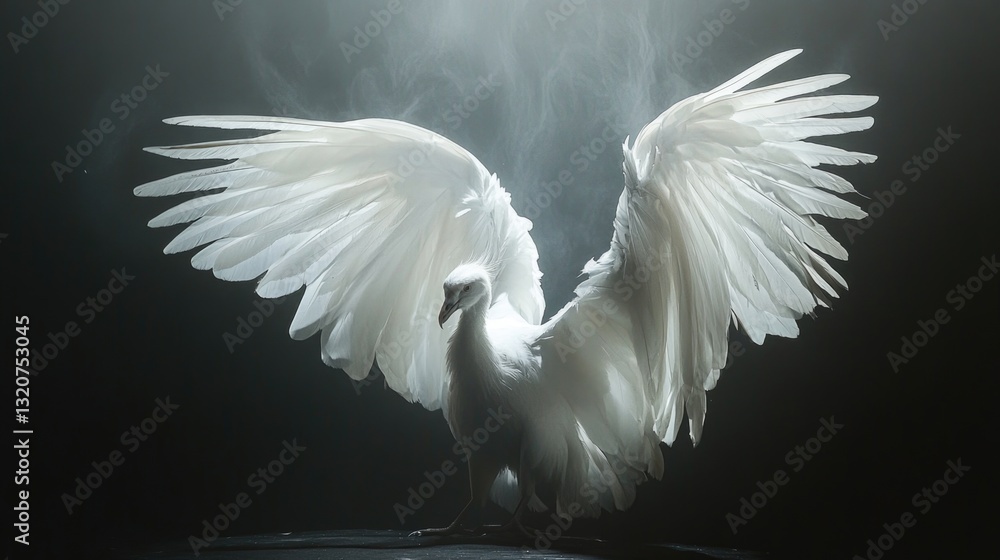 Poster a white bird with its wings open, ready to take flight or display feathers