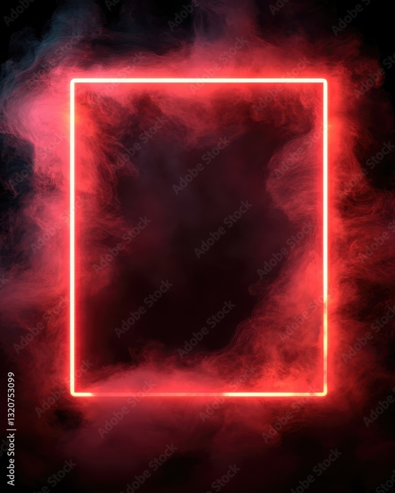 Poster vibrant red neon frame surrounded by dramatic fog creating a captivating atmosphere in a dimly lit s